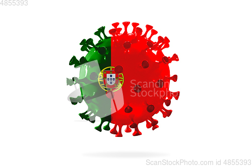 Image of Model of COVID-19 coronavirus colored in national Portugal flag, concept of pandemic spreading
