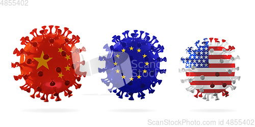 Image of Model of COVID-19 coronavirus colored in national China, EU and USA flag, concept of pandemic spreading