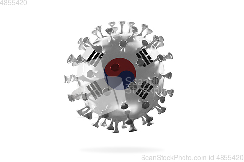 Image of Model of COVID-19 coronavirus colored in national South Korea flag, concept of pandemic spreading