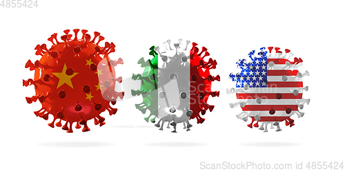 Image of Model of COVID-19 coronavirus colored in national USA, China and Italy flag, concept of pandemic spreading