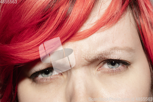 Image of Close up of face of beautiful caucasian young woman, focus on eyes