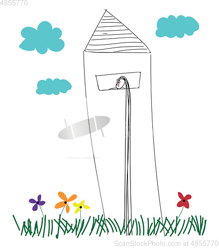 Image of Line art of a lighthouse erected above the grasslands with multi