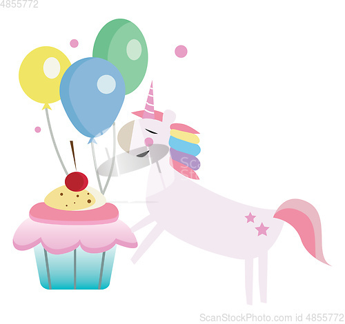 Image of Fantasy birthday party with unicorn vector or color illustration