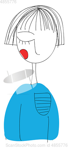 Image of Girl wearing light blue sweater with striped pocket looks beauti