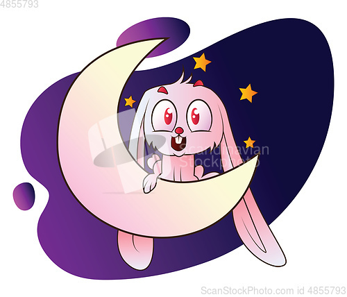 Image of Pink bunny sitting on the moon vector illustration on white back