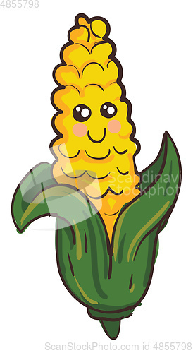 Image of Vector illustration of a cute smiling yellow corn with green lea