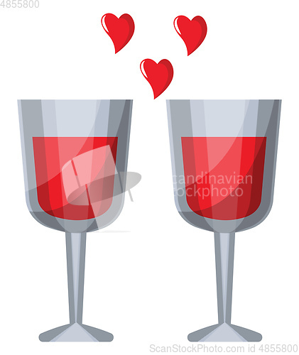 Image of Two wine glasses with red liquid and red hearts vector illustrat