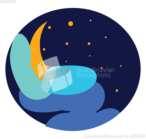 Image of Clipart of a moon sleeping in a blue-bed under the blue-sky vect