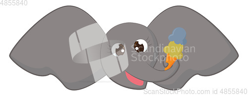 Image of Cartoon funny grey elephant\'s face holding cone ice cream in its