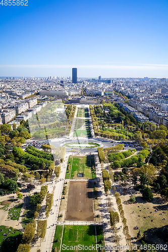 Image of Aerial city view of Paris from Eiffel Tower, France