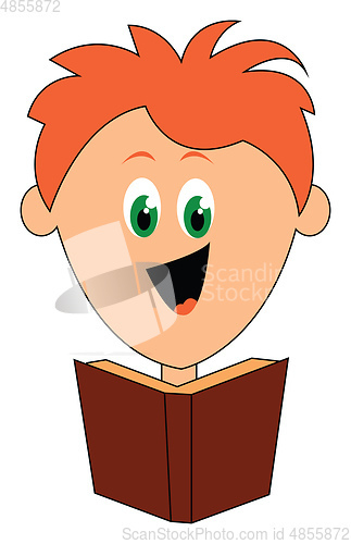 Image of Cartoon boy laughing while reading a book vector or color illust