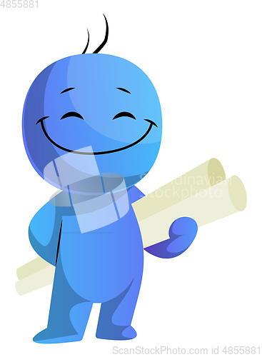 Image of Happy blue caracter with project papers illustration vector on w