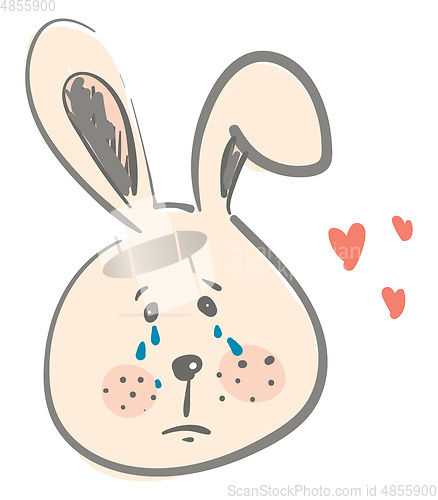 Image of The face of a hare shedding tears against red heart design backg