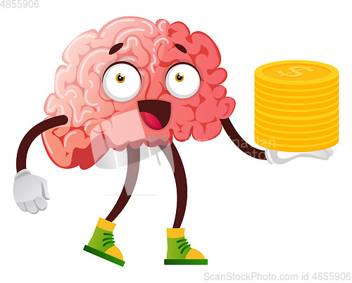 Image of Brain holding coins in hand, illustration, vector on white backg