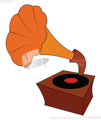 Image of Vintage brown and orange gramophone with black vinyl record vect