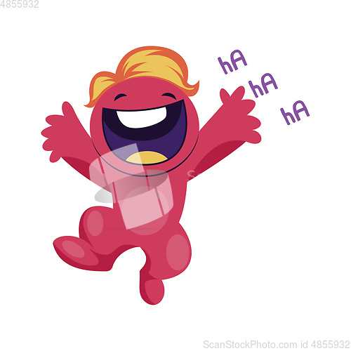 Image of Cheerful pink monster jumping around vector illustration on a wh