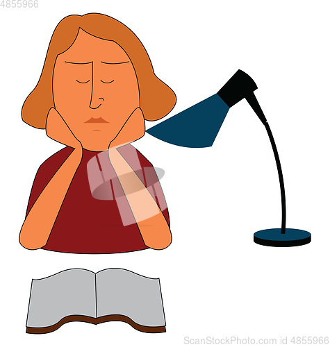 Image of Girl reading a book at a table with a table lamp  vector illustr