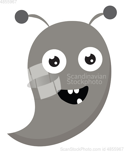Image of Cartoon funny grey monster with mouth wide opened and three whit