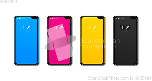 Image of CMYK smartphone set isolated on white Background. 3D render