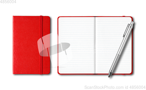Image of Red closed and open notebooks with a pen isolated on white