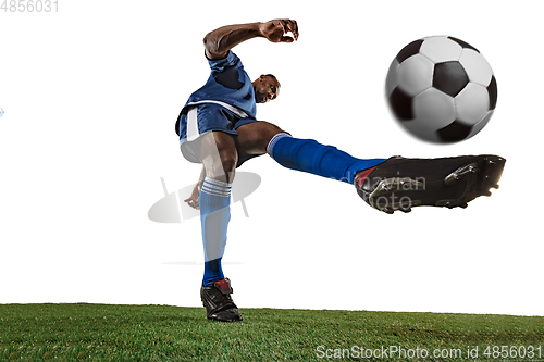 Image of Football or soccer player on white background - motion, action, activity concept, wide angle