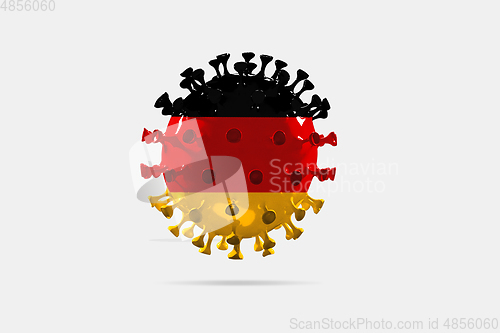 Image of Model of COVID-19 coronavirus colored in national Germany flag, concept of pandemic spreading