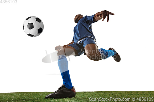Image of Football or soccer player on white background - motion, action, activity concept, wide angle