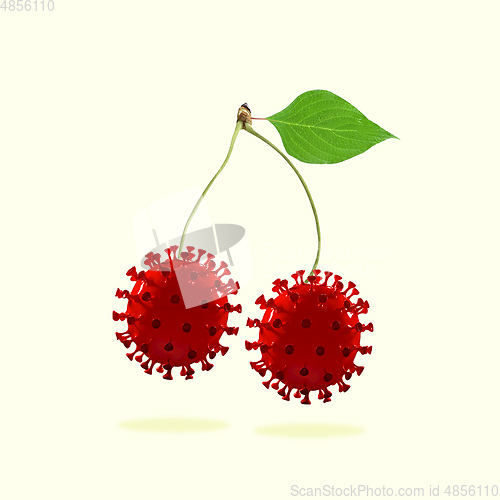 Image of Cherries made of models of COVID-19 coronavirus, concept of pandemic spreading