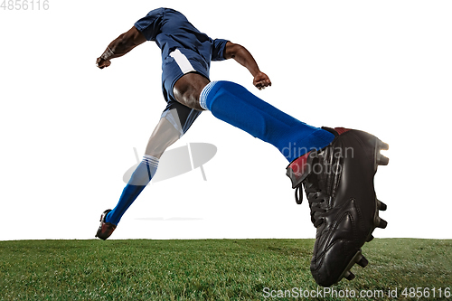 Image of Football or soccer player on white background - motion, action, activity concept, wide angle