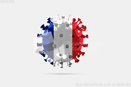 Image of Model of COVID-19 coronavirus colored in national France flag, concept of pandemic spreading