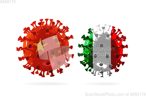 Image of Model of COVID-19 coronavirus colored in national China and Italy flag, concept of pandemic spreading