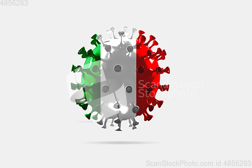 Image of Model of COVID-19 coronavirus colored in national Italy flag, concept of pandemic spreading