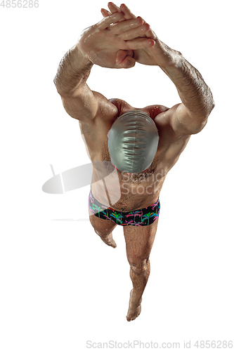 Image of Professional male swimmer with hat and goggles in motion and action, healthy lifestyle and movement concept