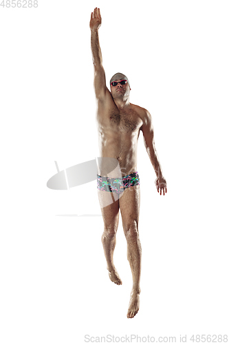 Image of Professional male swimmer with hat and goggles in motion and action, healthy lifestyle and movement concept