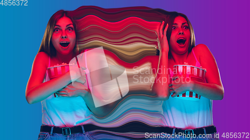 Image of Mental health concept in creative way. Woman with different emotions connected by colorful wave.