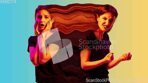 Image of Mental health concept in creative way. Woman with different emotions connected by colorful wave.