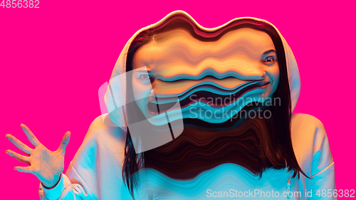 Image of Mental health concept in creative way. Woman with different emotions connected by colorful wave.