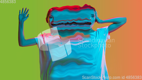 Image of Mental health concept in creative way. Woman with different emotions connected by colorful wave.