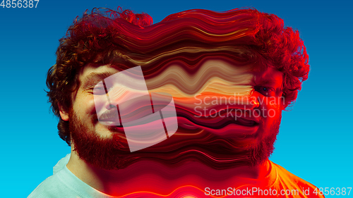Image of Mental health concept in creative way. Man with different emotions connected by colorful wave.