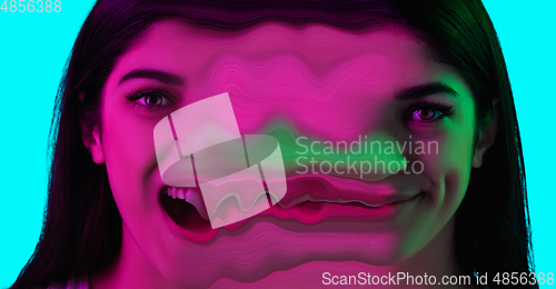 Image of Mental health concept in creative way. Woman with different emotions connected by colorful wave.