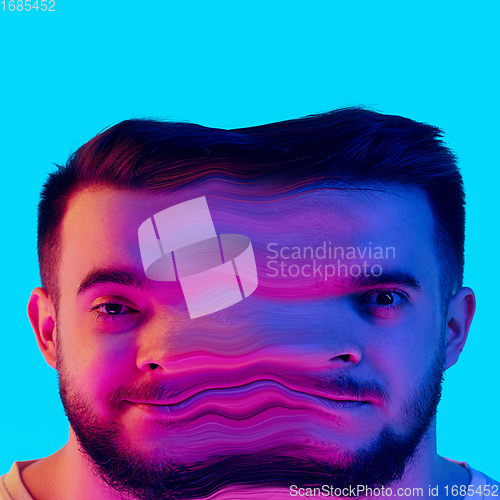 Image of Mental health concept in creative way. Man with different emotions connected by colorful wave.