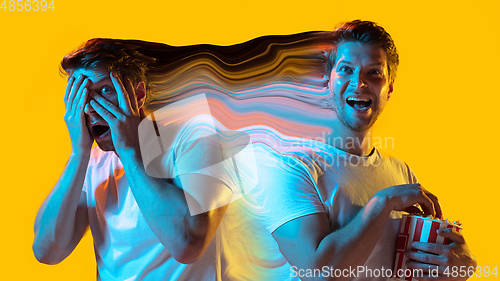 Image of Mental health concept in creative way. Man with different emotions connected by colorful wave.