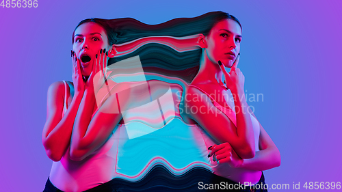 Image of Mental health concept in creative way. Woman with different emotions connected by colorful wave.