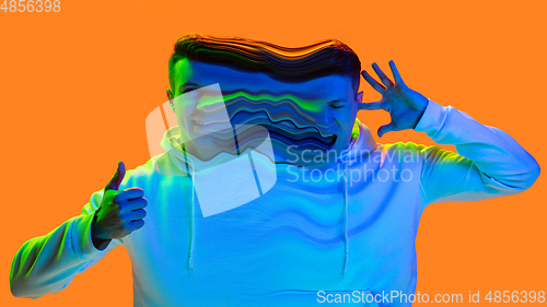 Image of Mental health concept in creative way. Man with different emotions connected by colorful wave.