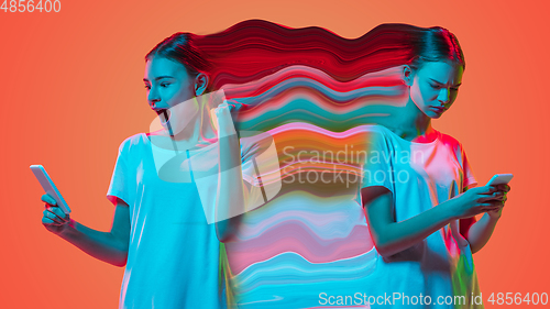 Image of Mental health concept in creative way. Woman with different emotions connected by colorful wave.