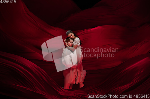 Image of Young and graceful ballet dancers on billowing red cloth background in classic action. Art, motion, action, flexibility, inspiration concept.