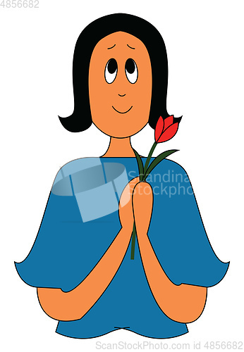 Image of Dark haired girl in blue shirt holding a red flower vector illus