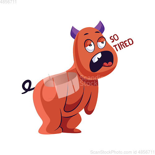 Image of Tired red monster with purple horns vector illustration on a whi