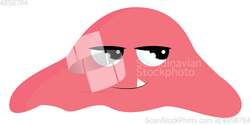 Image of Cartoon pink monster with a fang tooth projecting outward looks 