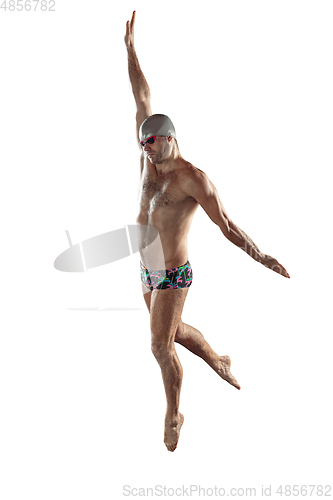 Image of Professional male swimmer with hat and goggles in motion and action, healthy lifestyle and movement concept